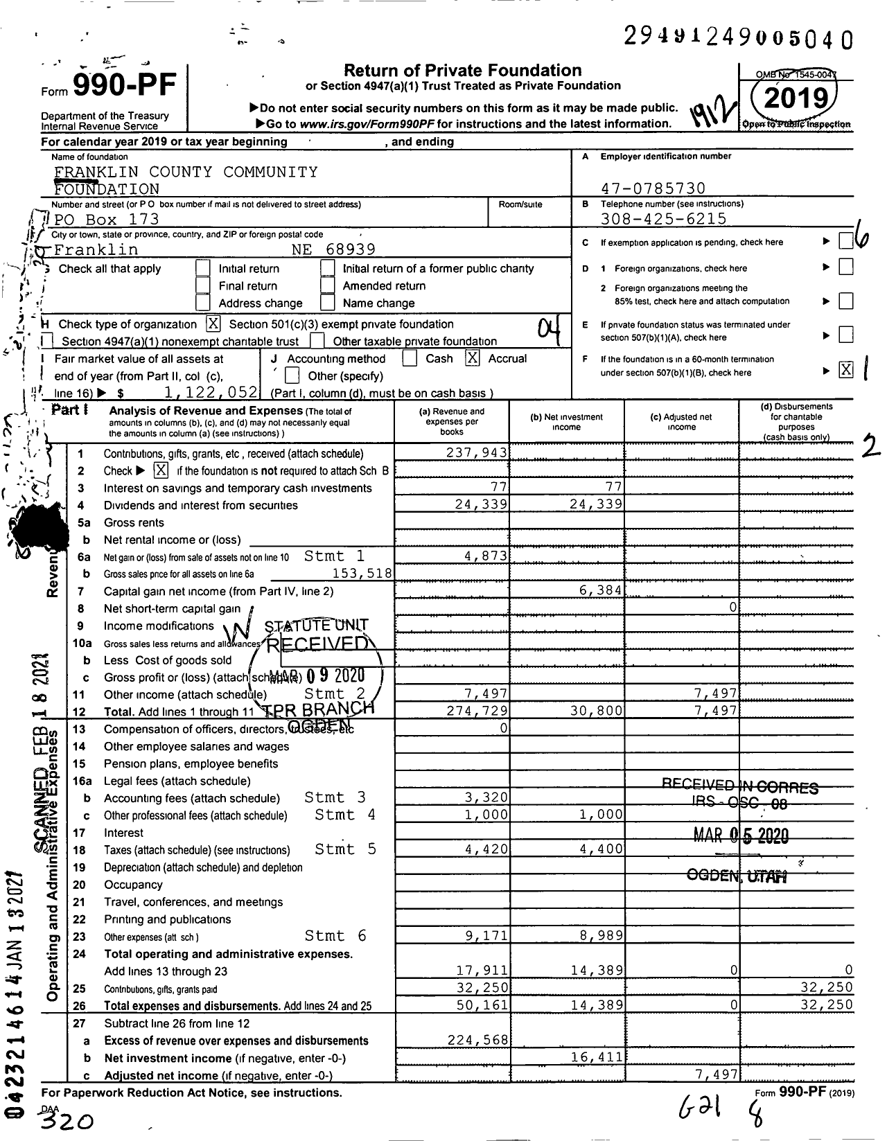 Image of first page of 2019 Form 990PF for Franklin County Community Foundation