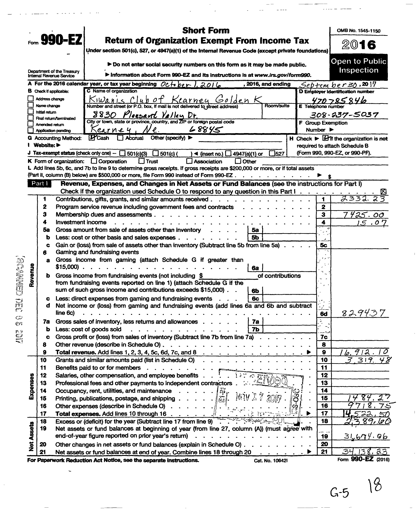 Image of first page of 2016 Form 990EO for Kiwanis International - K13507 Kearney Golden K