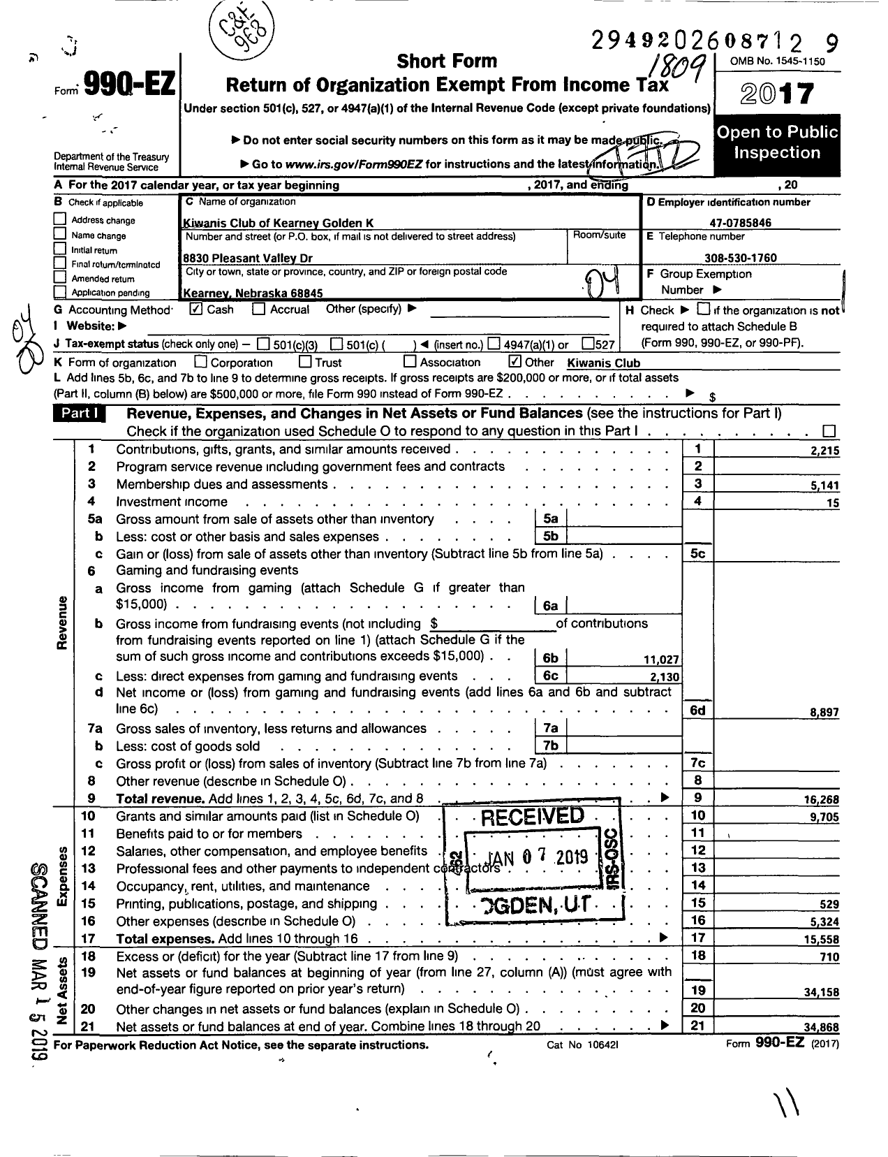 Image of first page of 2017 Form 990EO for Kiwanis International - K13507 Kearney Golden K