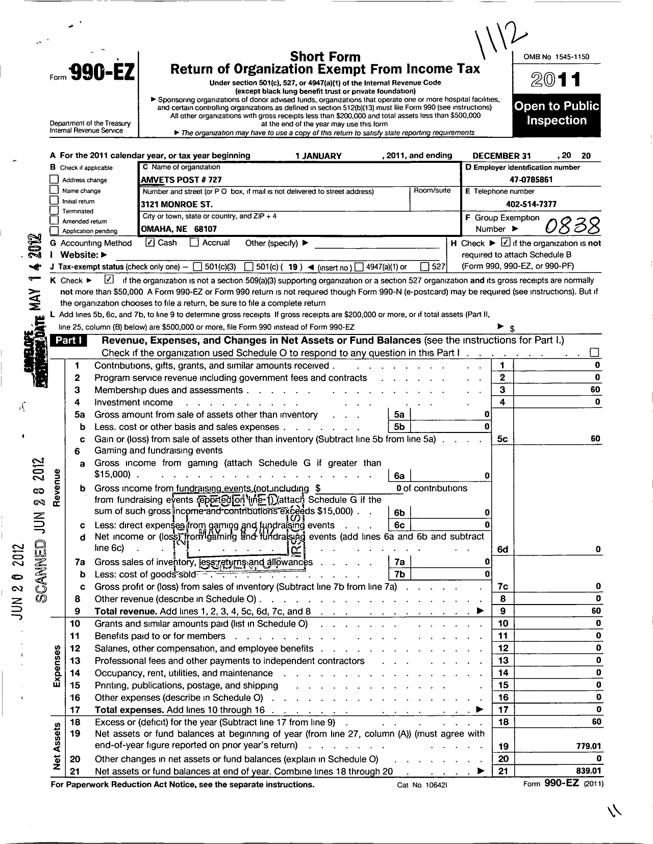 Image of first page of 2011 Form 990EO for Amvets - Ne0727