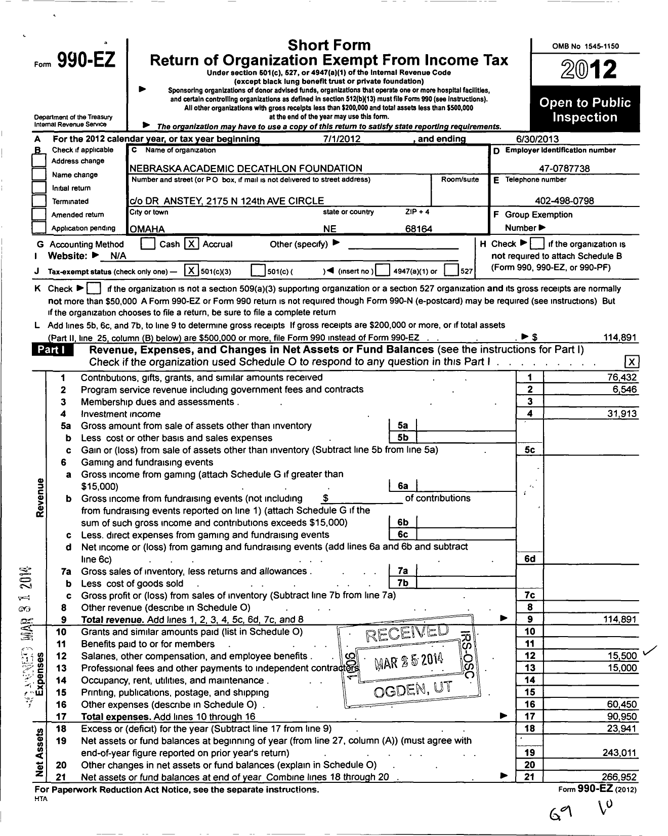 Image of first page of 2012 Form 990EZ for Nebraska Academic Decathlon Foundation