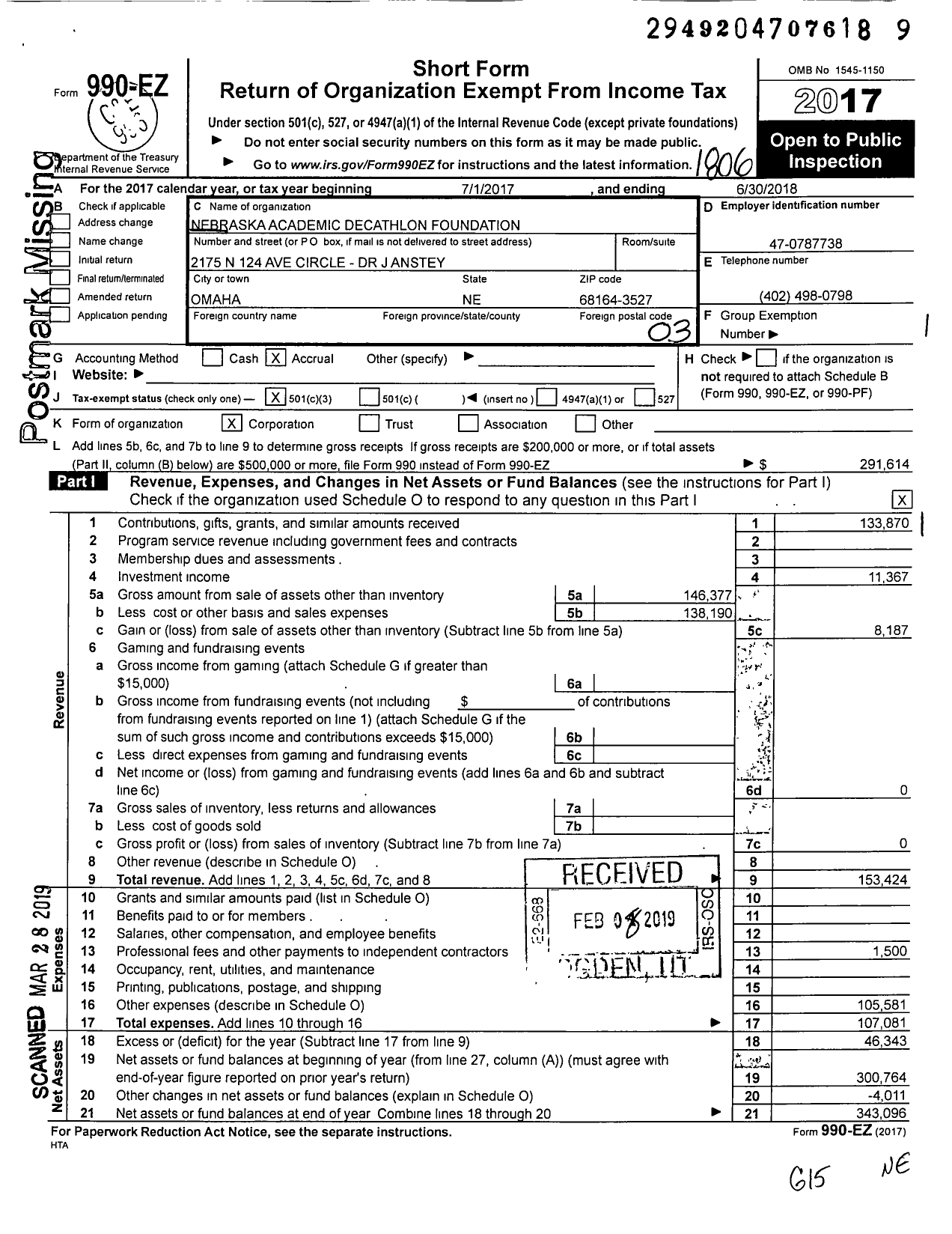 Image of first page of 2017 Form 990EZ for Nebraska Academic Decathlon Foundation