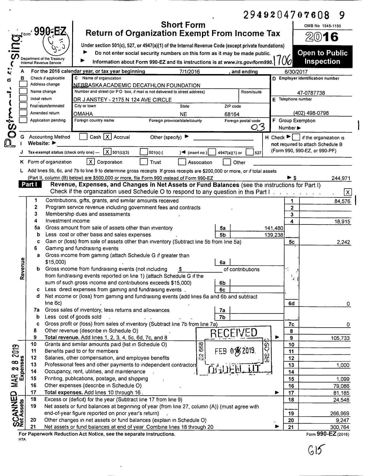 Image of first page of 2016 Form 990EZ for Nebraska Academic Decathlon Foundation