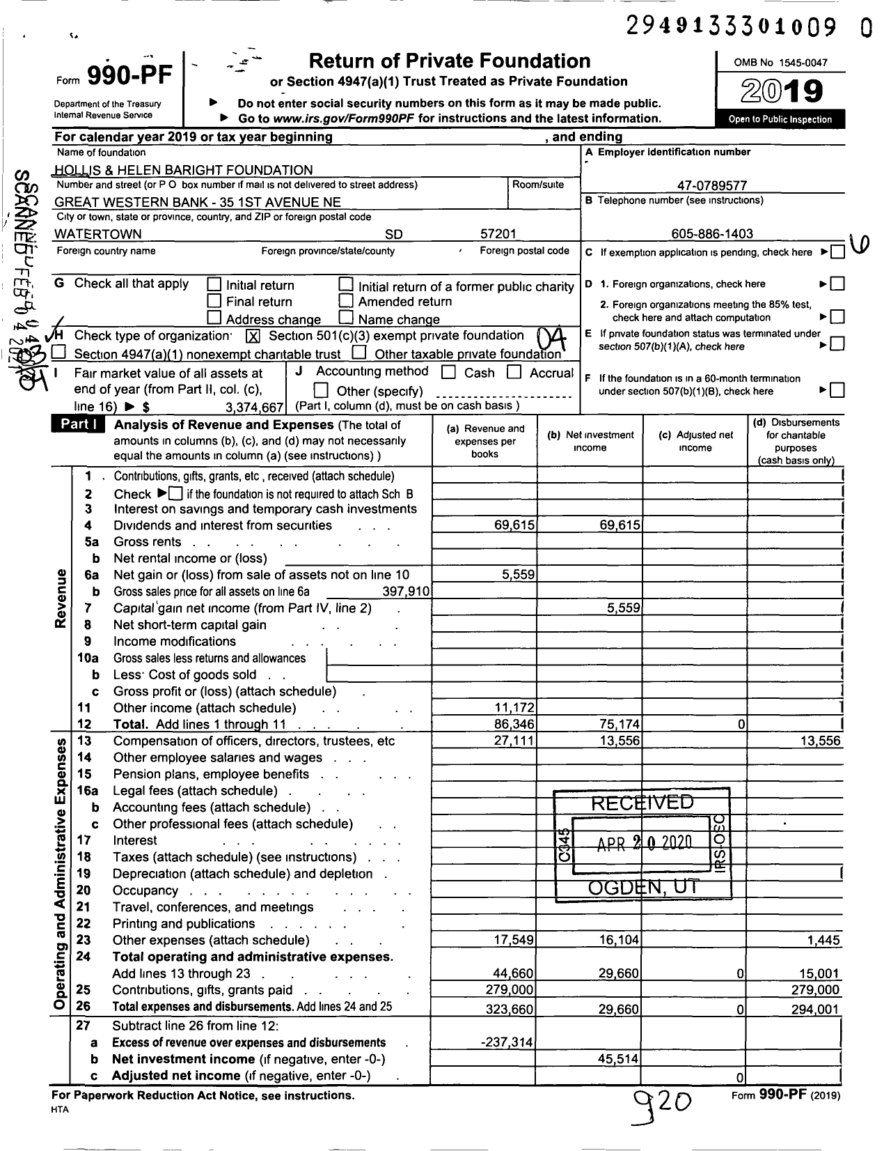 Image of first page of 2019 Form 990PF for Hollis and Helen Baright Foundation