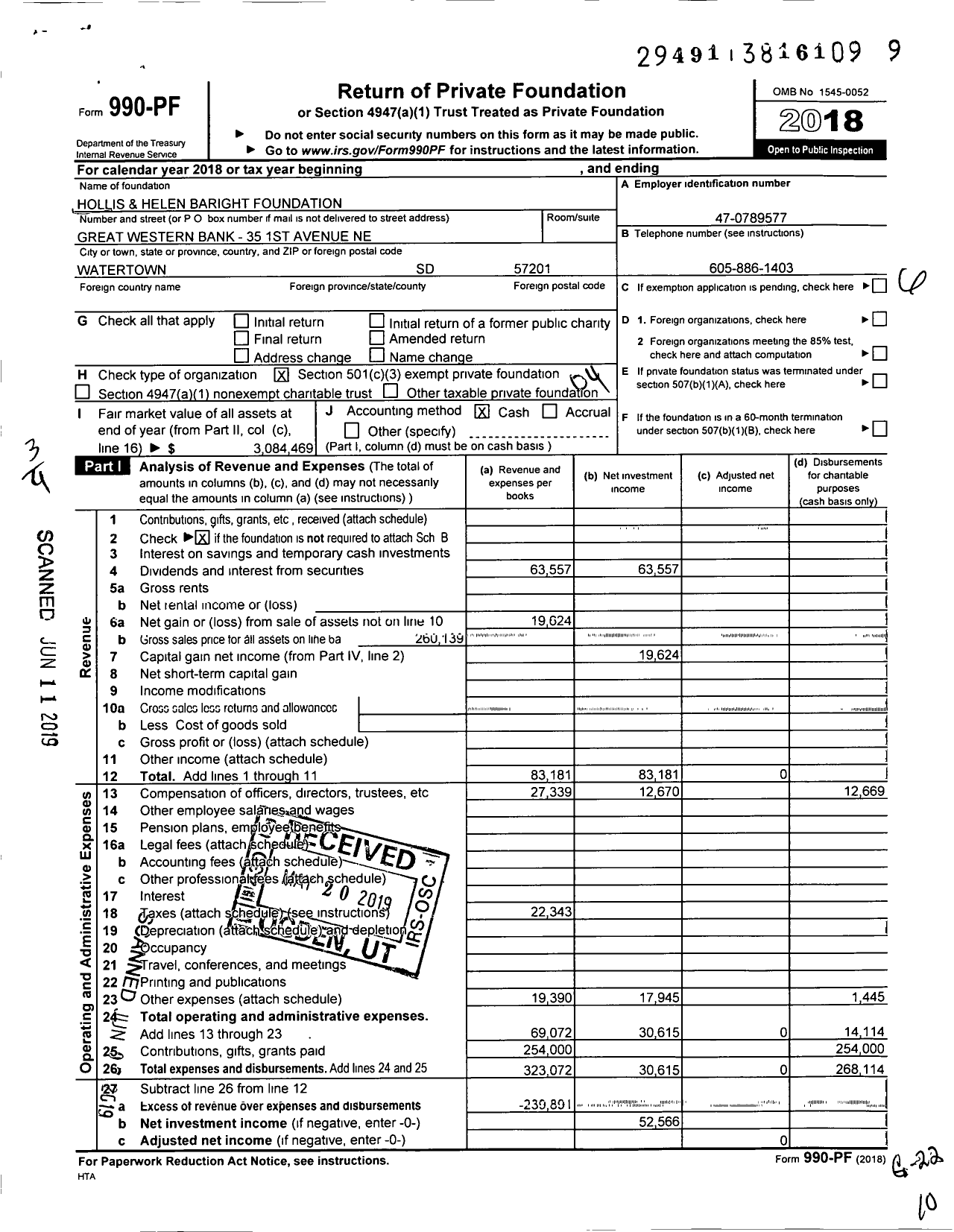 Image of first page of 2018 Form 990PF for Hollis and Helen Baright Foundation