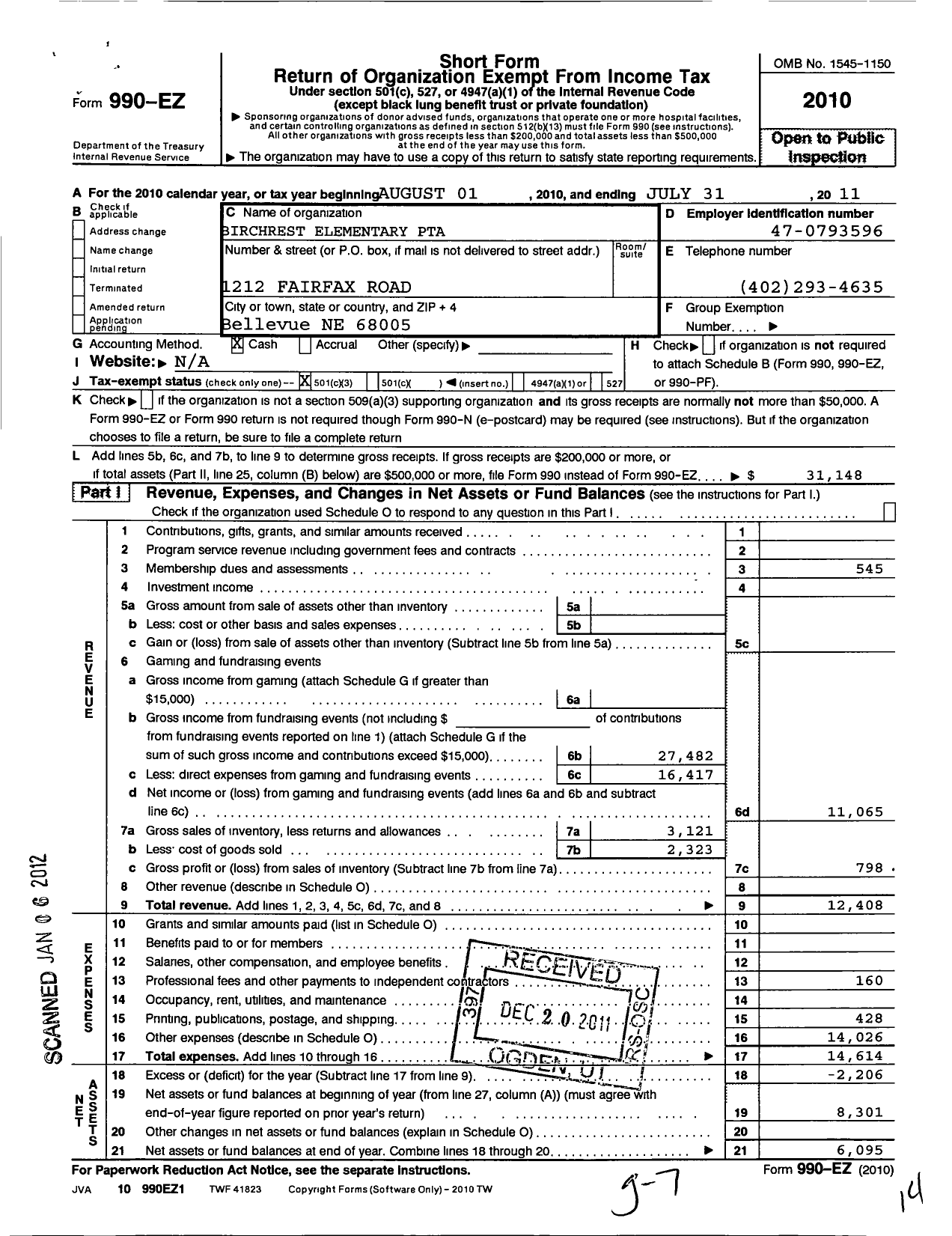 Image of first page of 2010 Form 990EZ for Nebraska Congress of Parents and Teachers / Birchcrest PTA