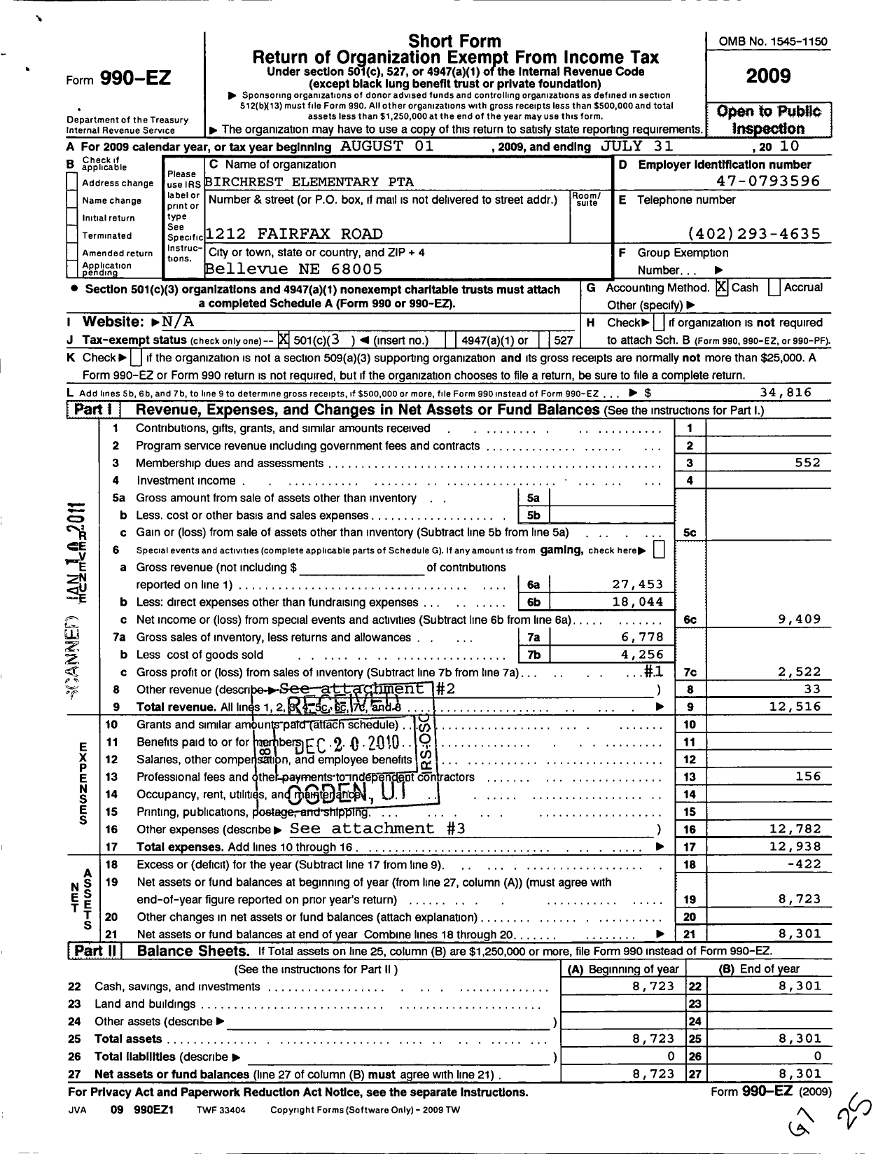 Image of first page of 2009 Form 990EZ for Nebraska Congress of Parents and Teachers / Birchcrest PTA