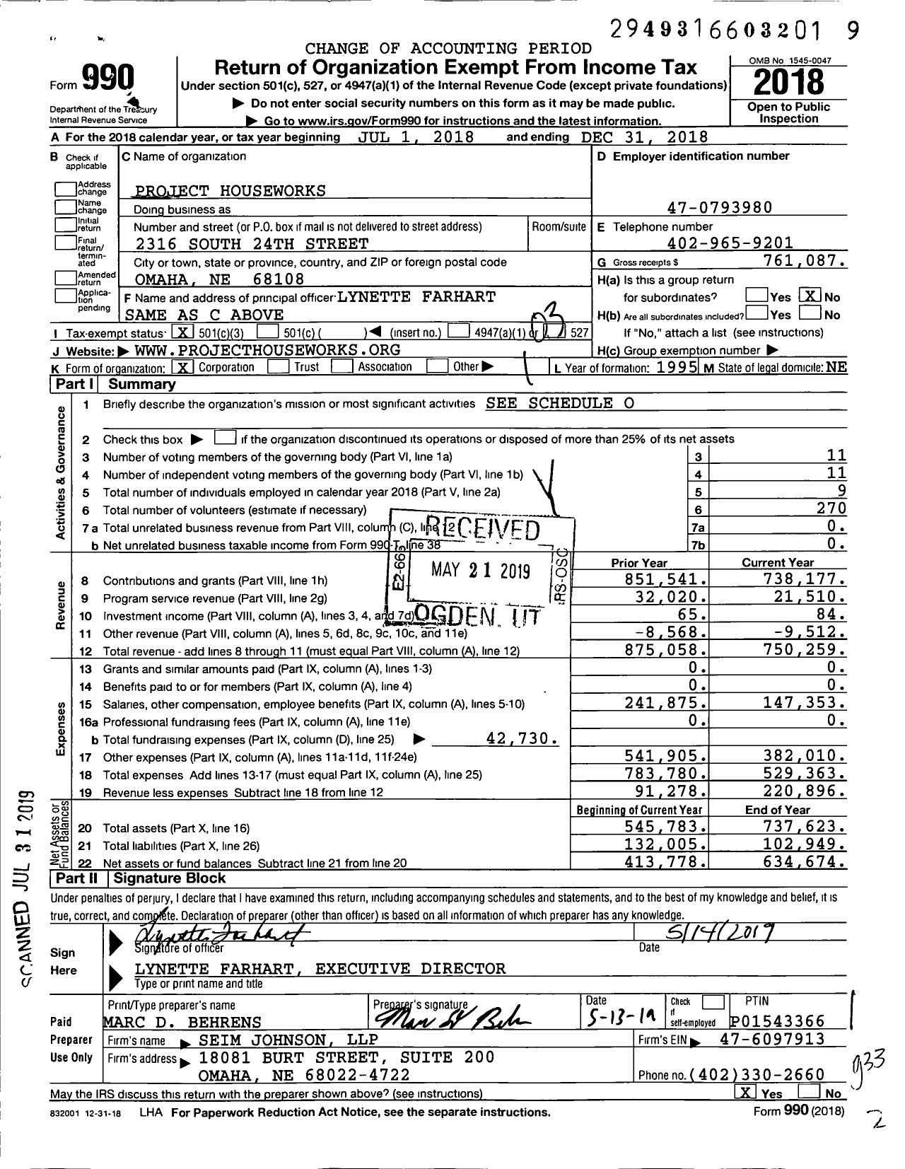 Image of first page of 2018 Form 990 for Project Houseworks