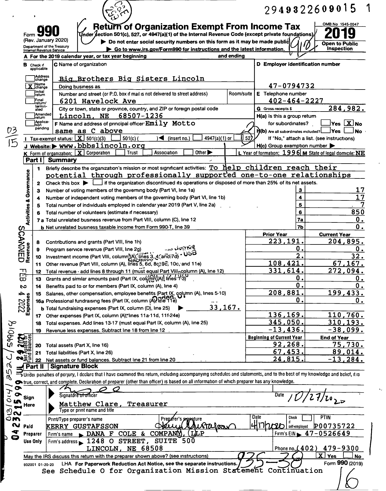 Image of first page of 2019 Form 990 for Big Brothers Big Sisters Lincoln