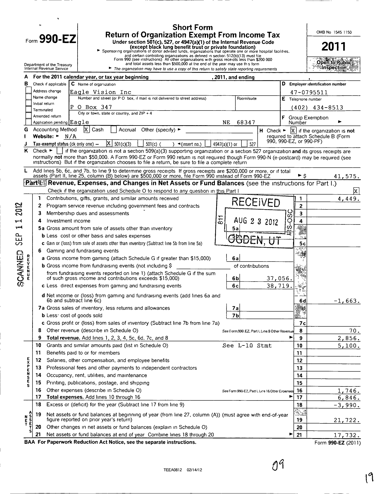 Image of first page of 2011 Form 990EZ for Eagle Vision