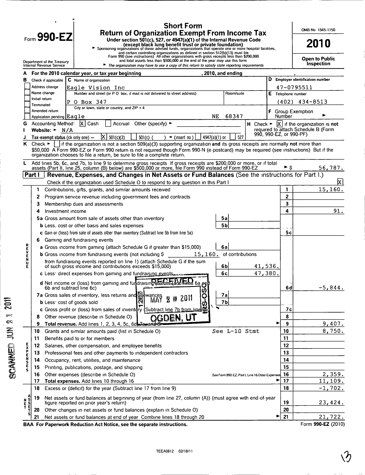 Image of first page of 2010 Form 990EZ for Eagle Vision