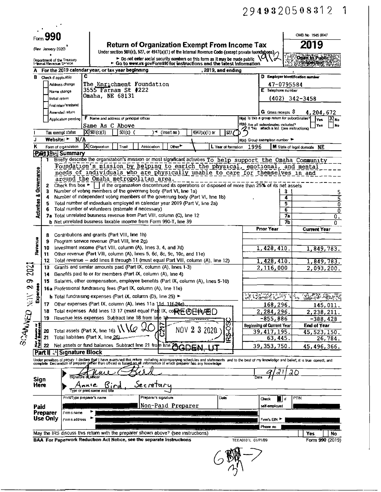 Image of first page of 2019 Form 990 for The Enrichment Foundation