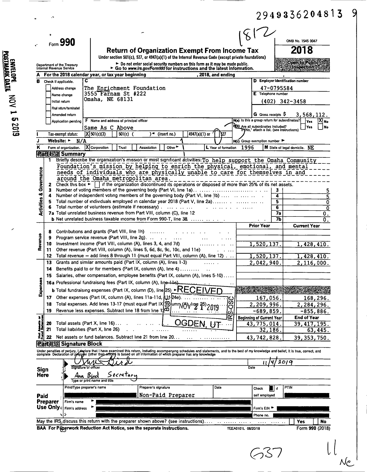 Image of first page of 2018 Form 990 for The Enrichment Foundation