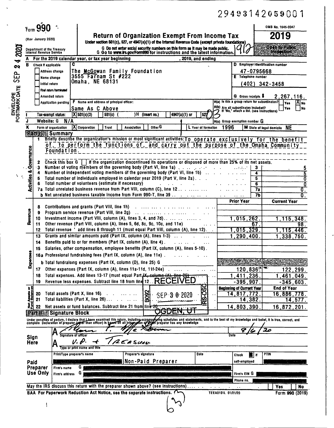 Image of first page of 2019 Form 990 for The McGowan Family Foundation