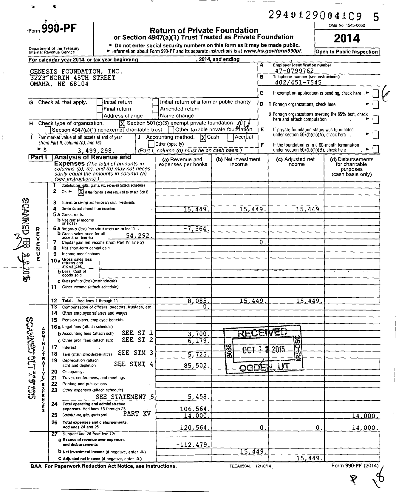 Image of first page of 2014 Form 990PF for Genesis Foundation
