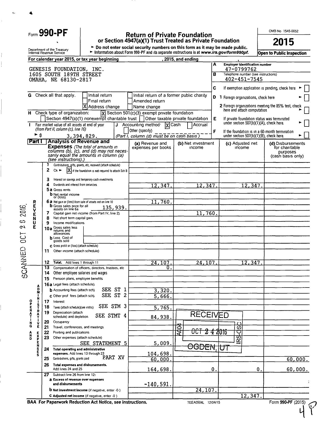 Image of first page of 2015 Form 990PF for Genesis Foundation
