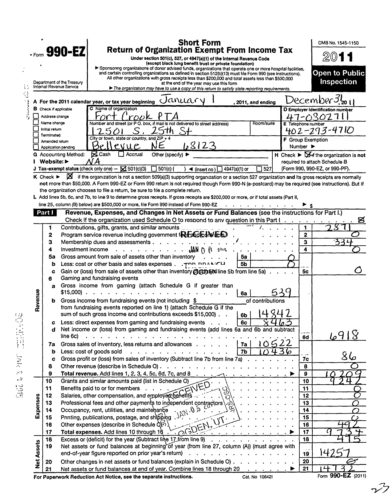 Image of first page of 2011 Form 990EZ for Fort Crook Elementary PTA