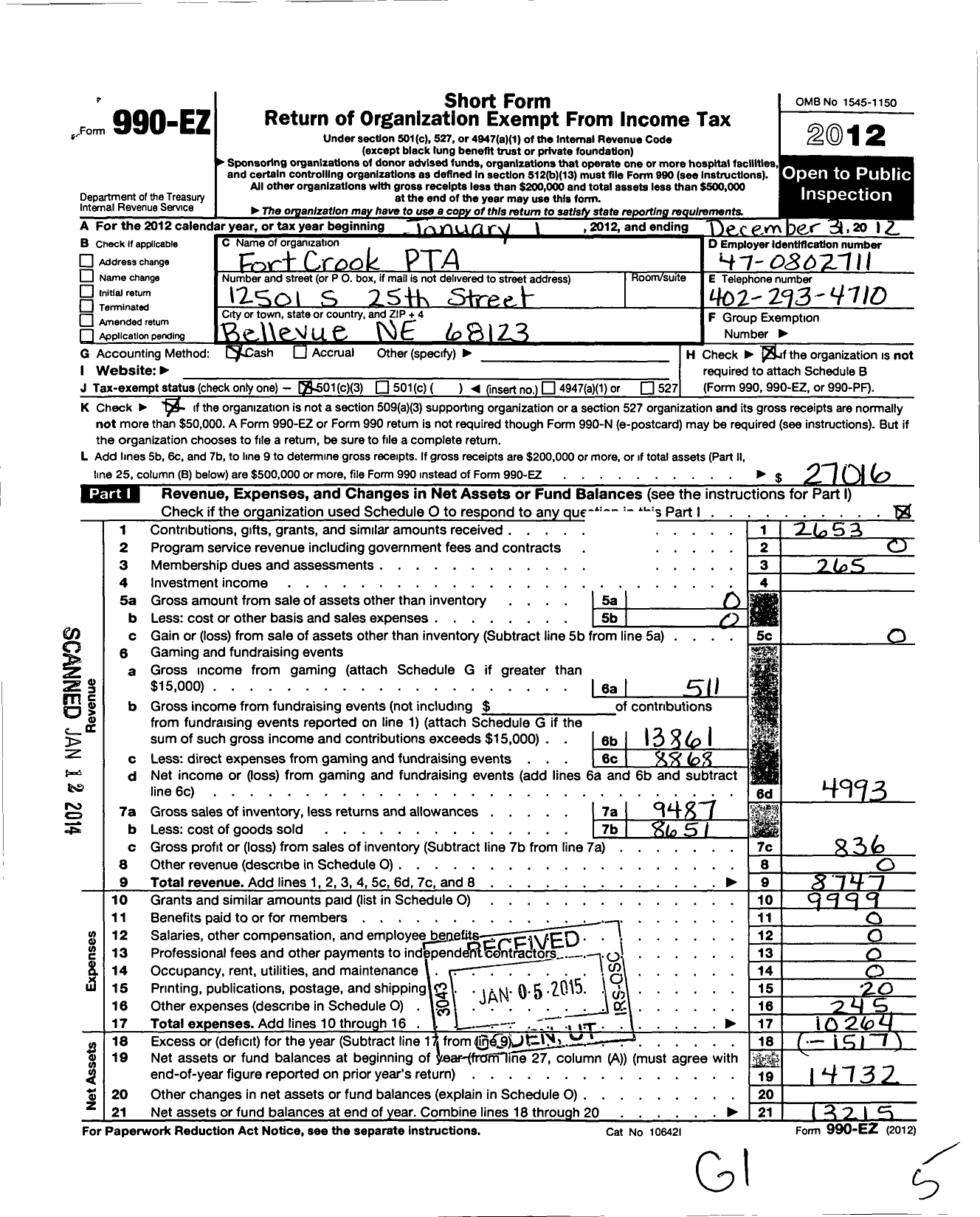 Image of first page of 2012 Form 990EZ for Fort Crook Elementary PTA