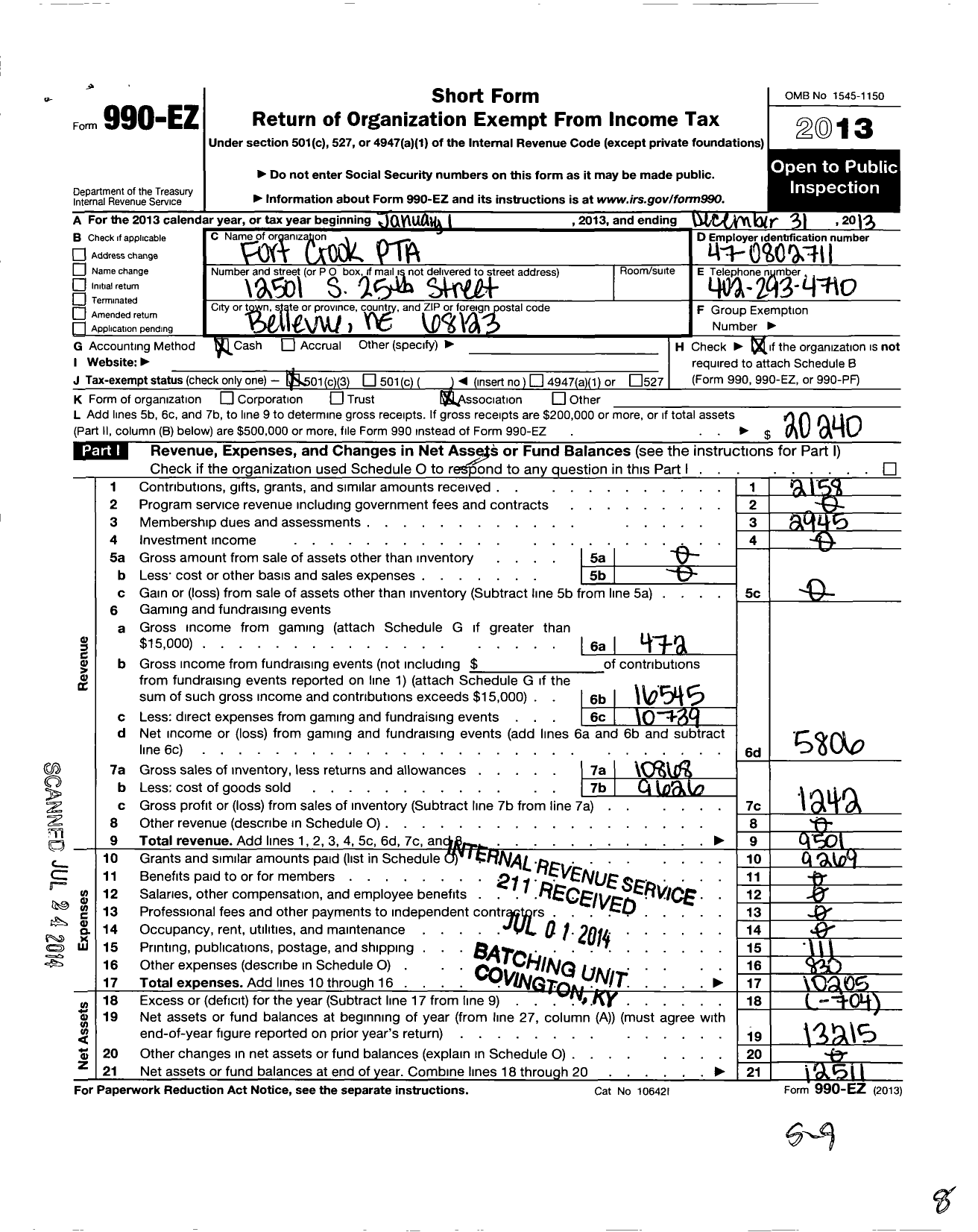 Image of first page of 2013 Form 990EZ for Fort Crook Elementary PTA