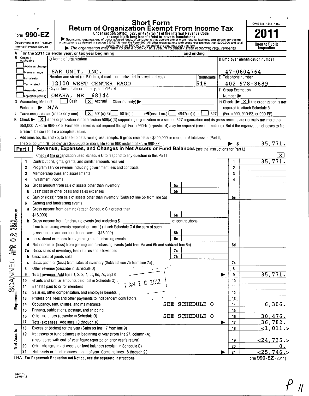 Image of first page of 2011 Form 990EZ for Sar Unit