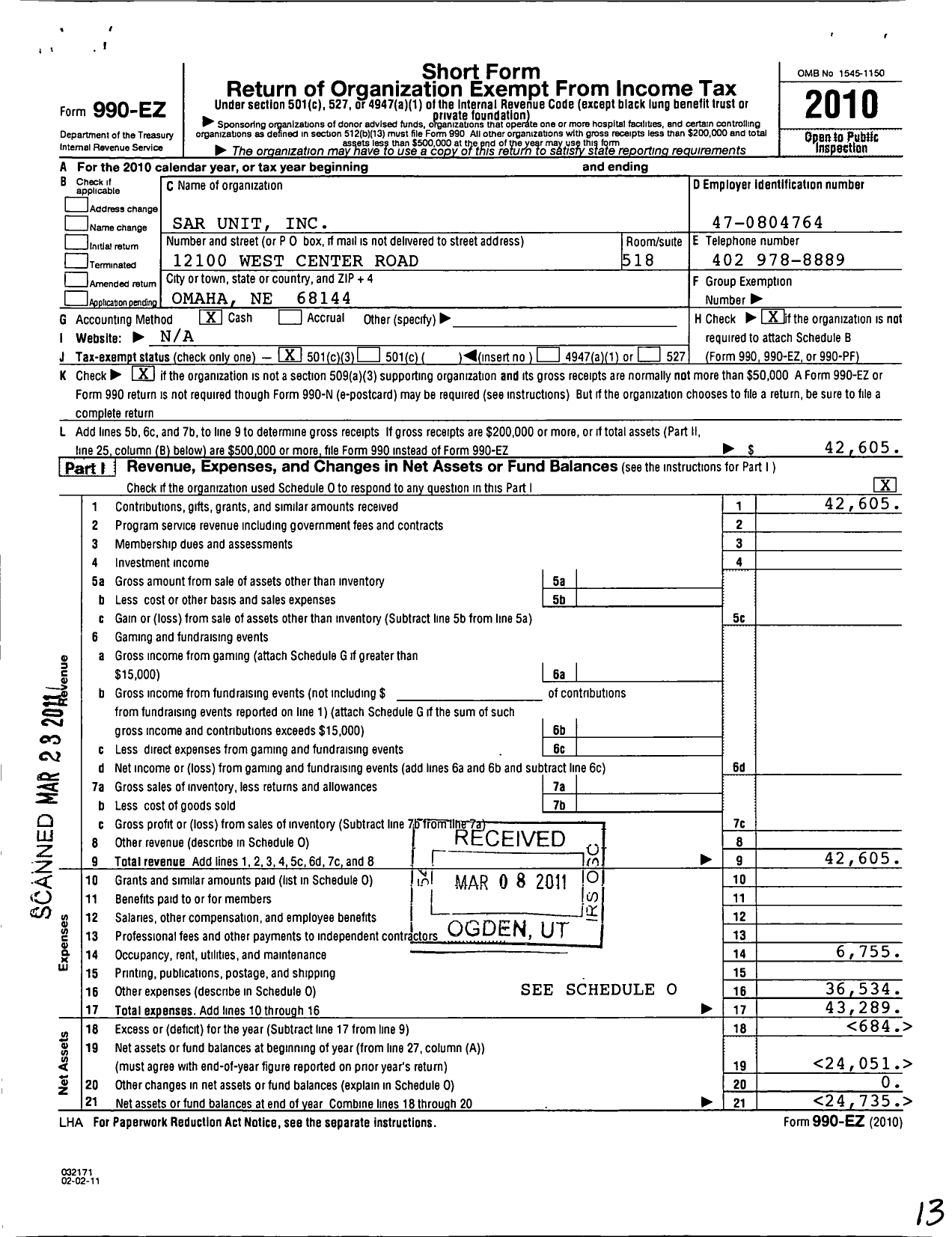 Image of first page of 2010 Form 990EZ for Sar Unit