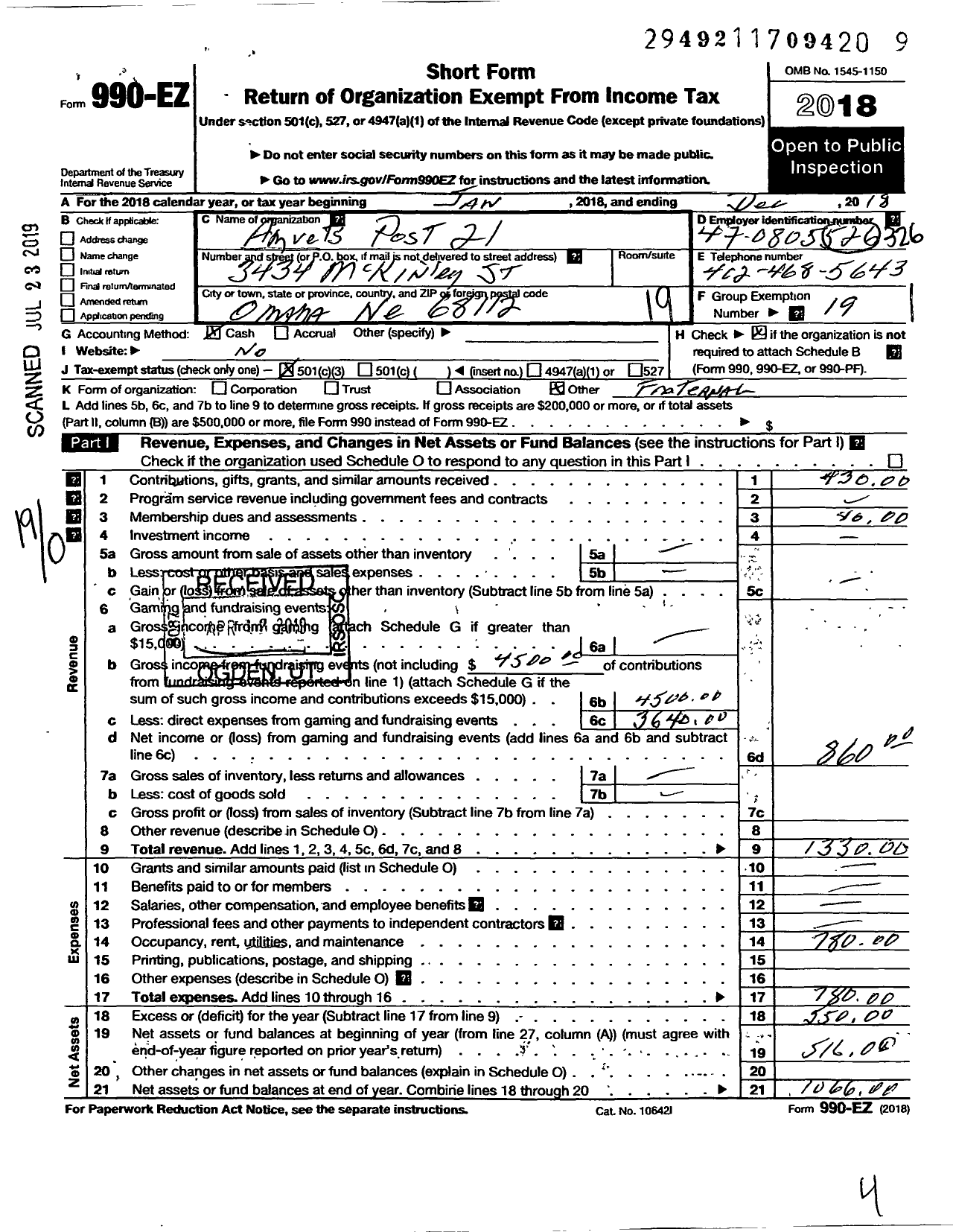 Image of first page of 2018 Form 990EO for Amvets Post 21