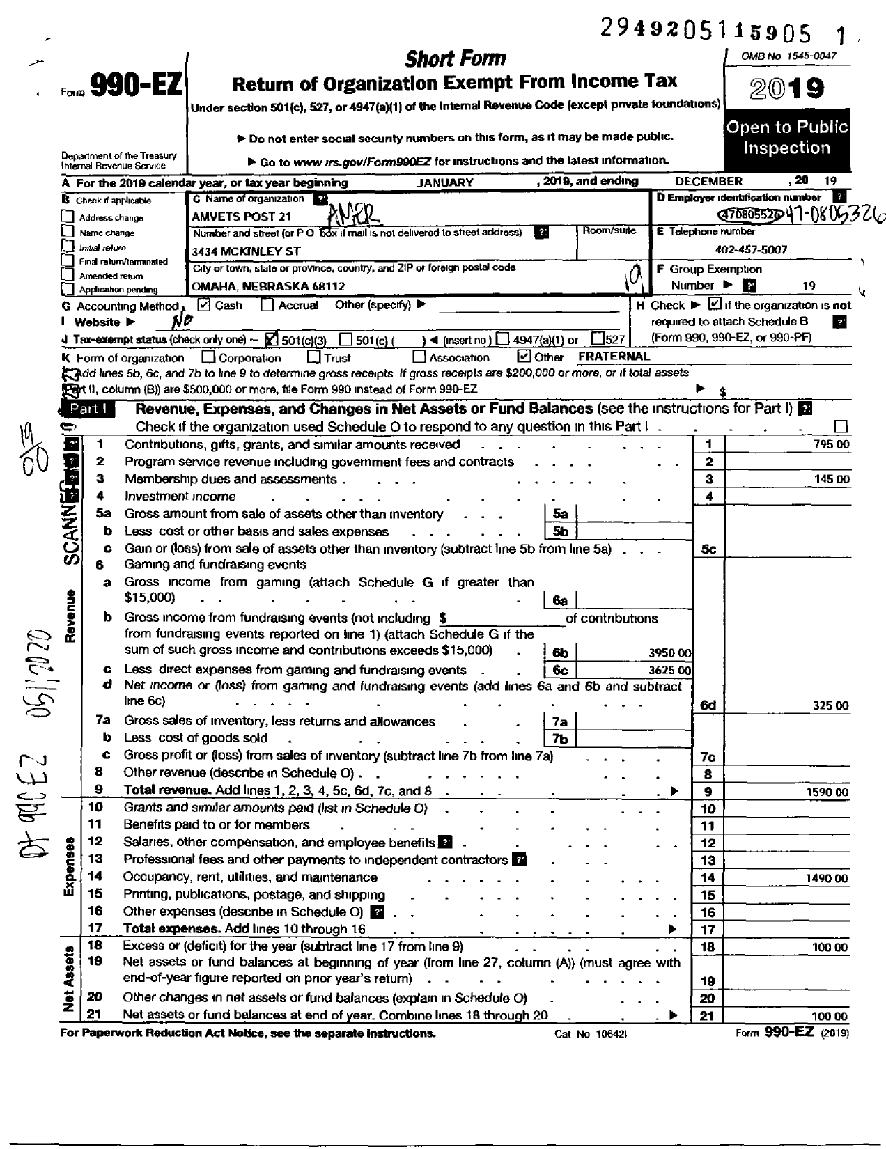 Image of first page of 2019 Form 990EO for Amvets Post 21