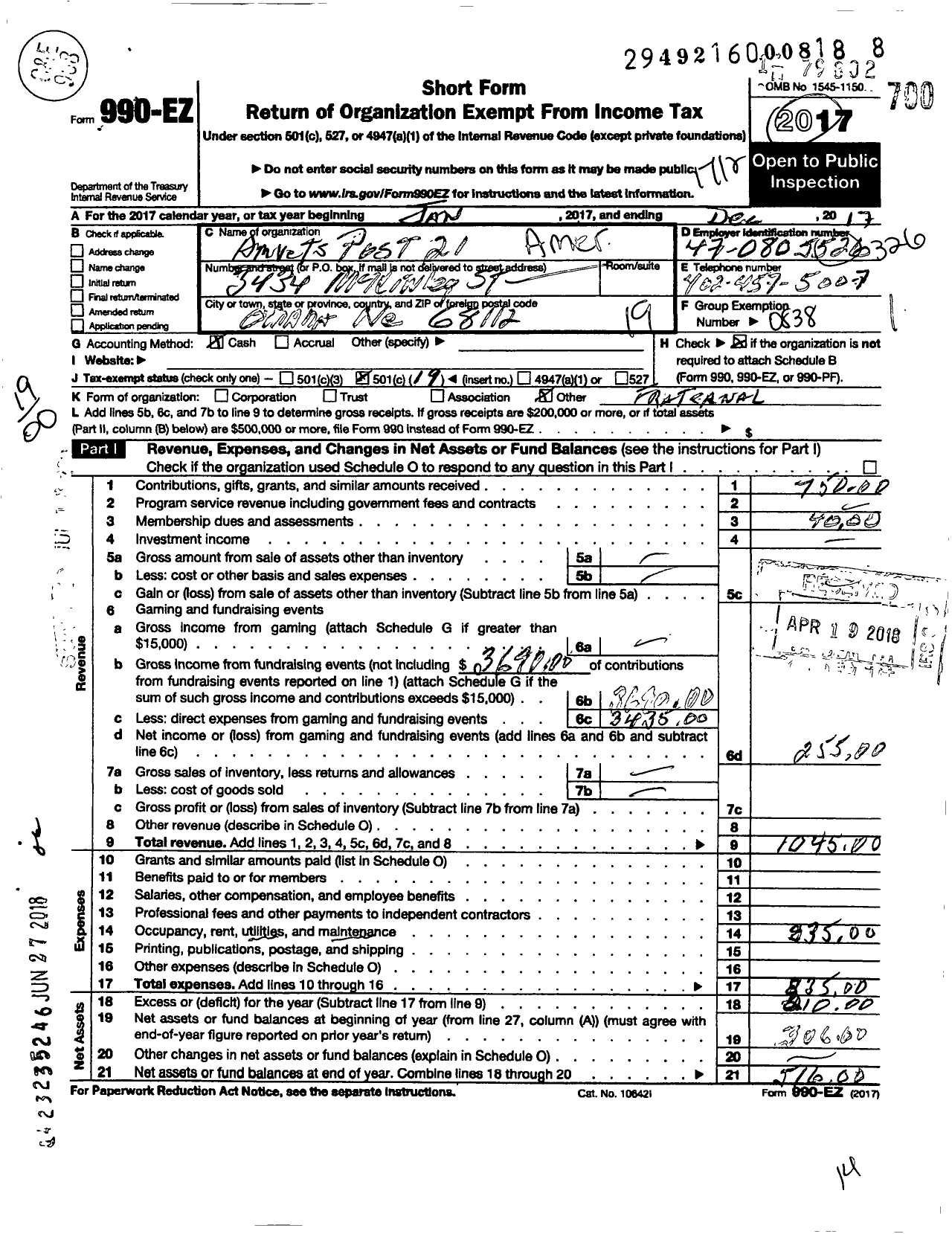 Image of first page of 2017 Form 990EO for Amvets Post 21