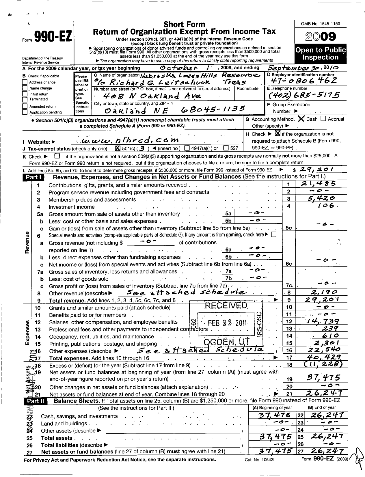 Image of first page of 2009 Form 990EZ for Nebraska Loess Hills Resource Conservation and Development Council