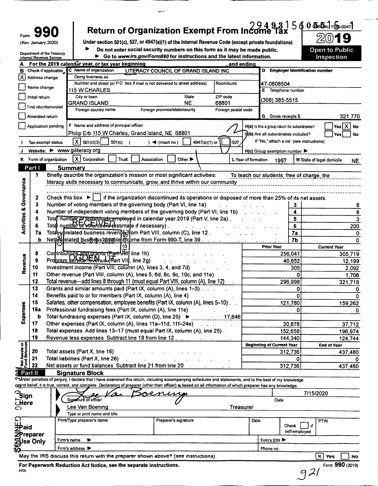 Image of first page of 2019 Form 990 for Literacy Council of Grand Island