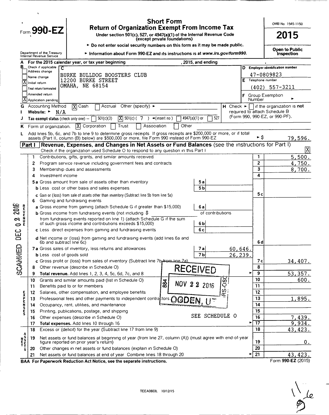 Image of first page of 2015 Form 990EO for Burke Bulldog Boosters Club