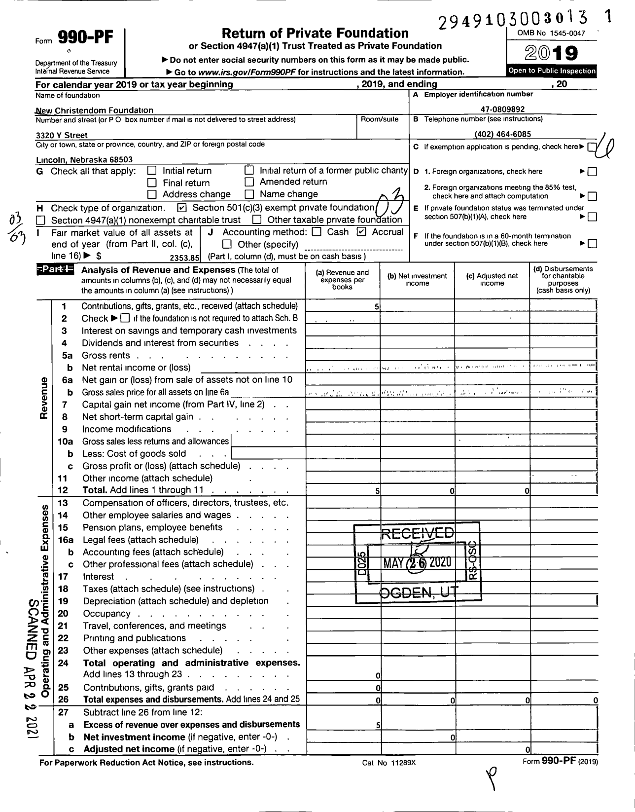 Image of first page of 2019 Form 990PF for New Christendon Foundation