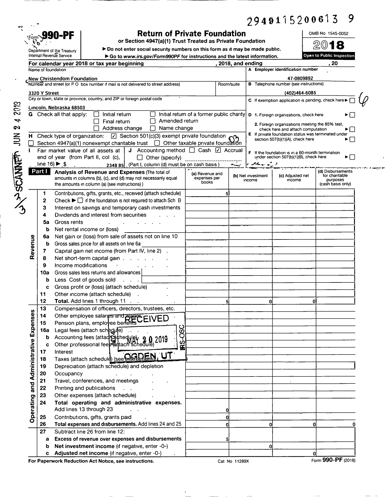 Image of first page of 2018 Form 990PF for New Christendon Foundation