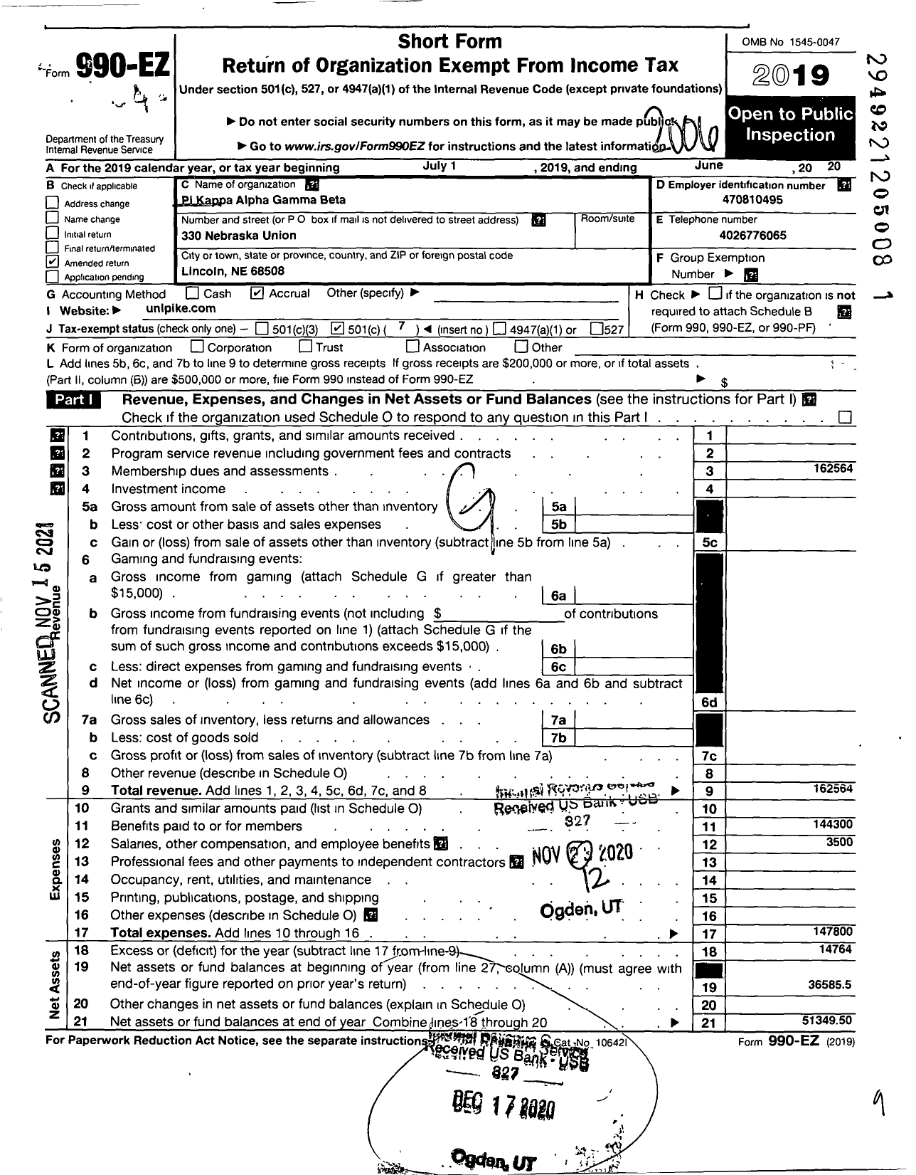 Image of first page of 2019 Form 990EO for Pi Kappa Alpha Fraternity - Gamma Beta Chapter