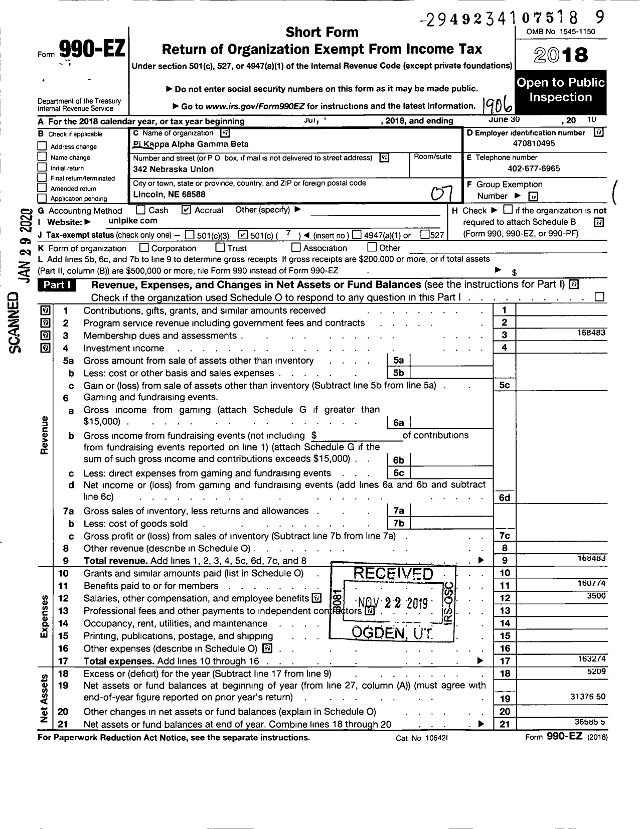 Image of first page of 2018 Form 990EO for Pi Kappa Alpha Fraternity - Gamma Beta Chapter