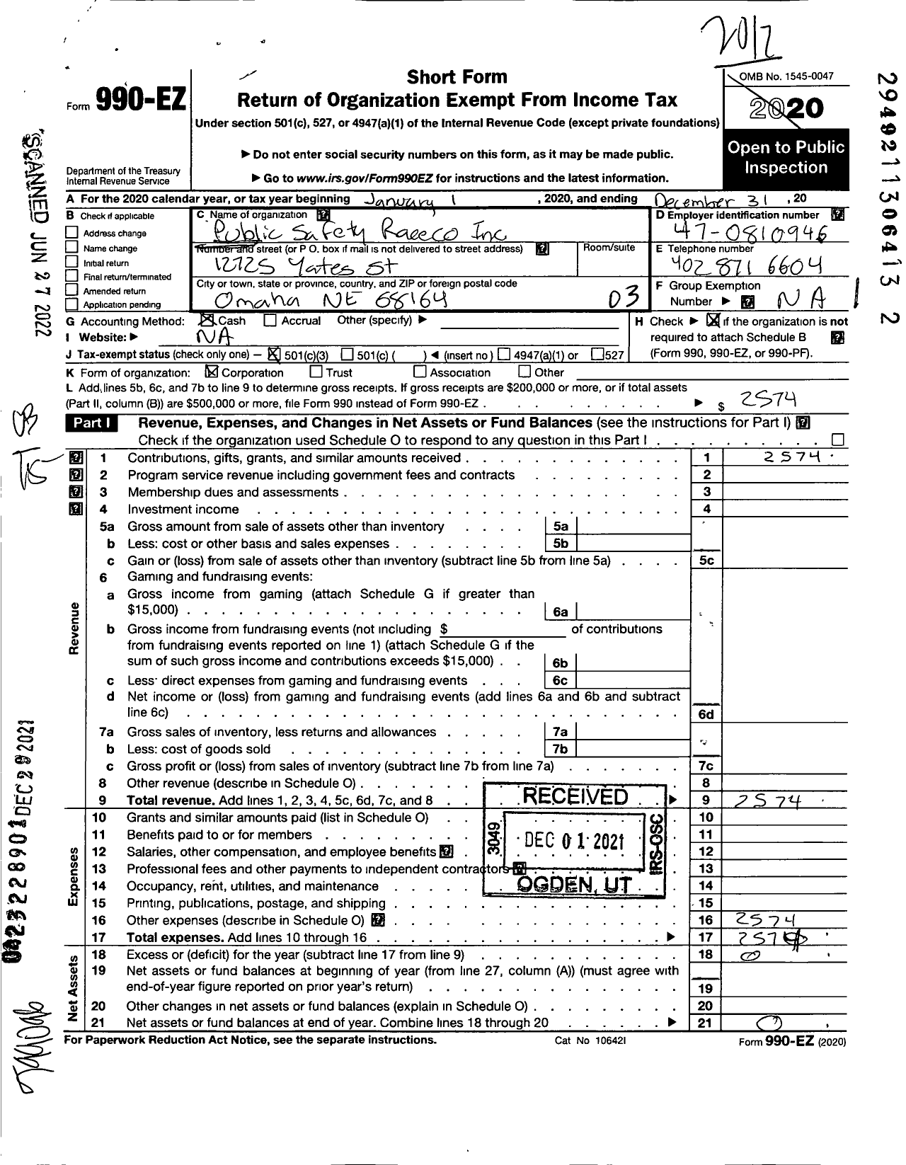 Image of first page of 2020 Form 990EZ for Public Saftety Race