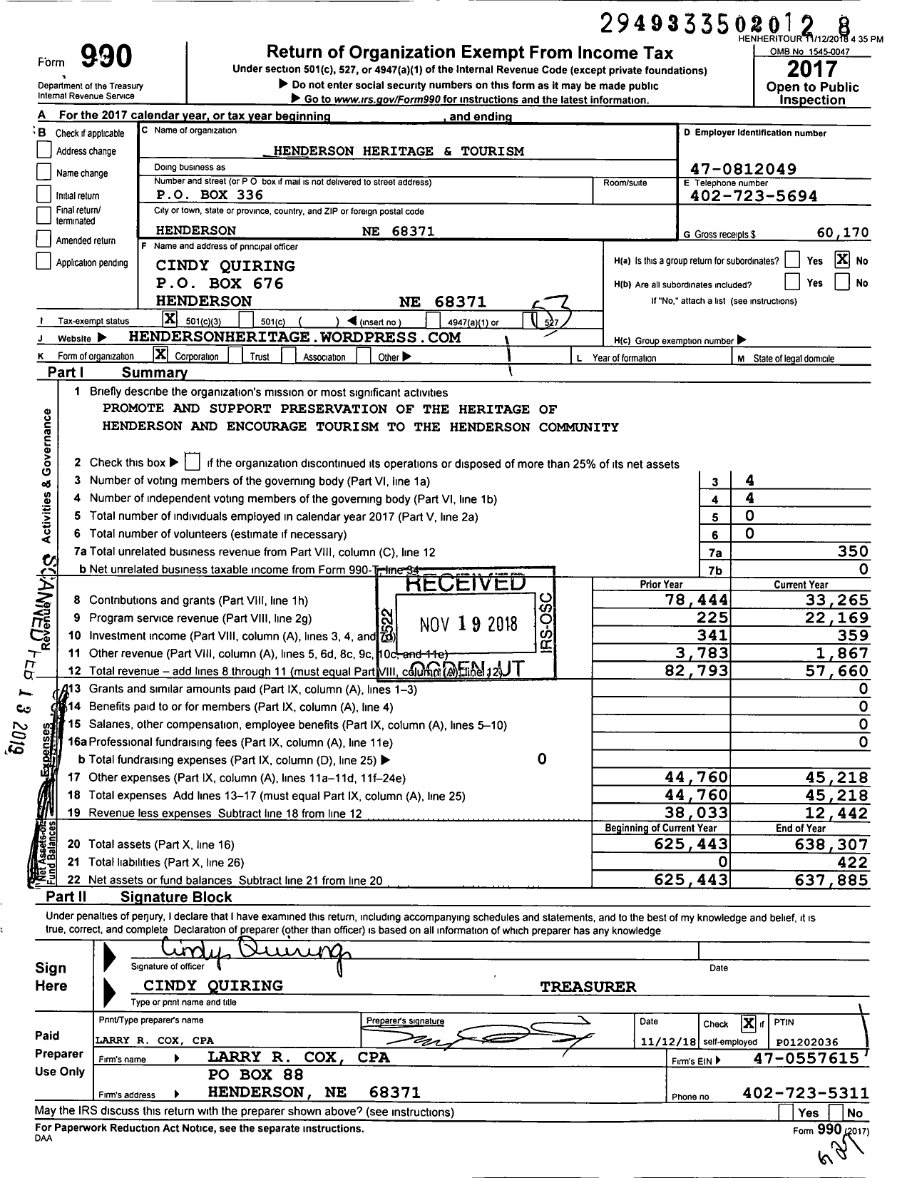 Image of first page of 2017 Form 990 for Henderson Heritage and Tourism