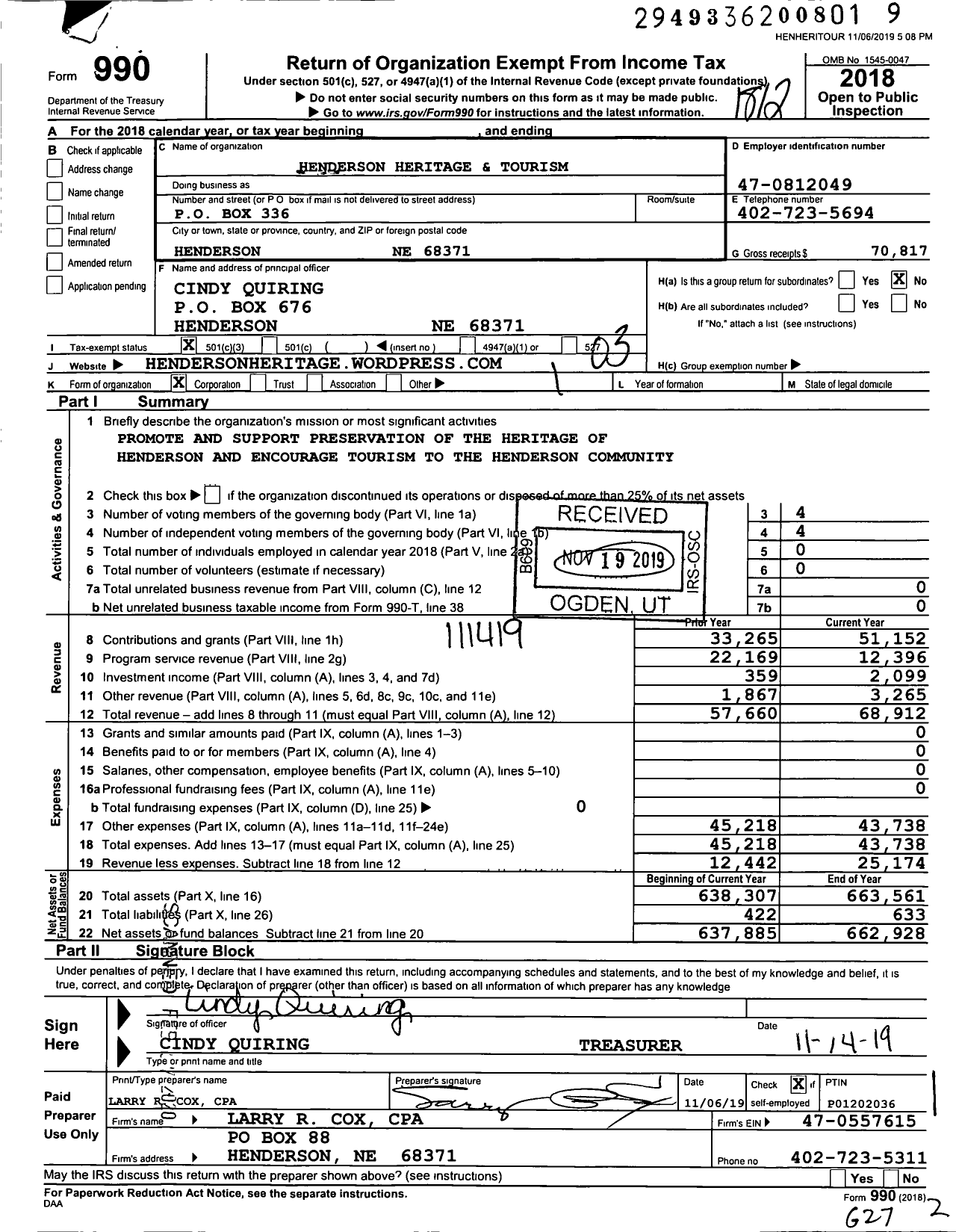 Image of first page of 2018 Form 990 for Henderson Heritage and Tourism