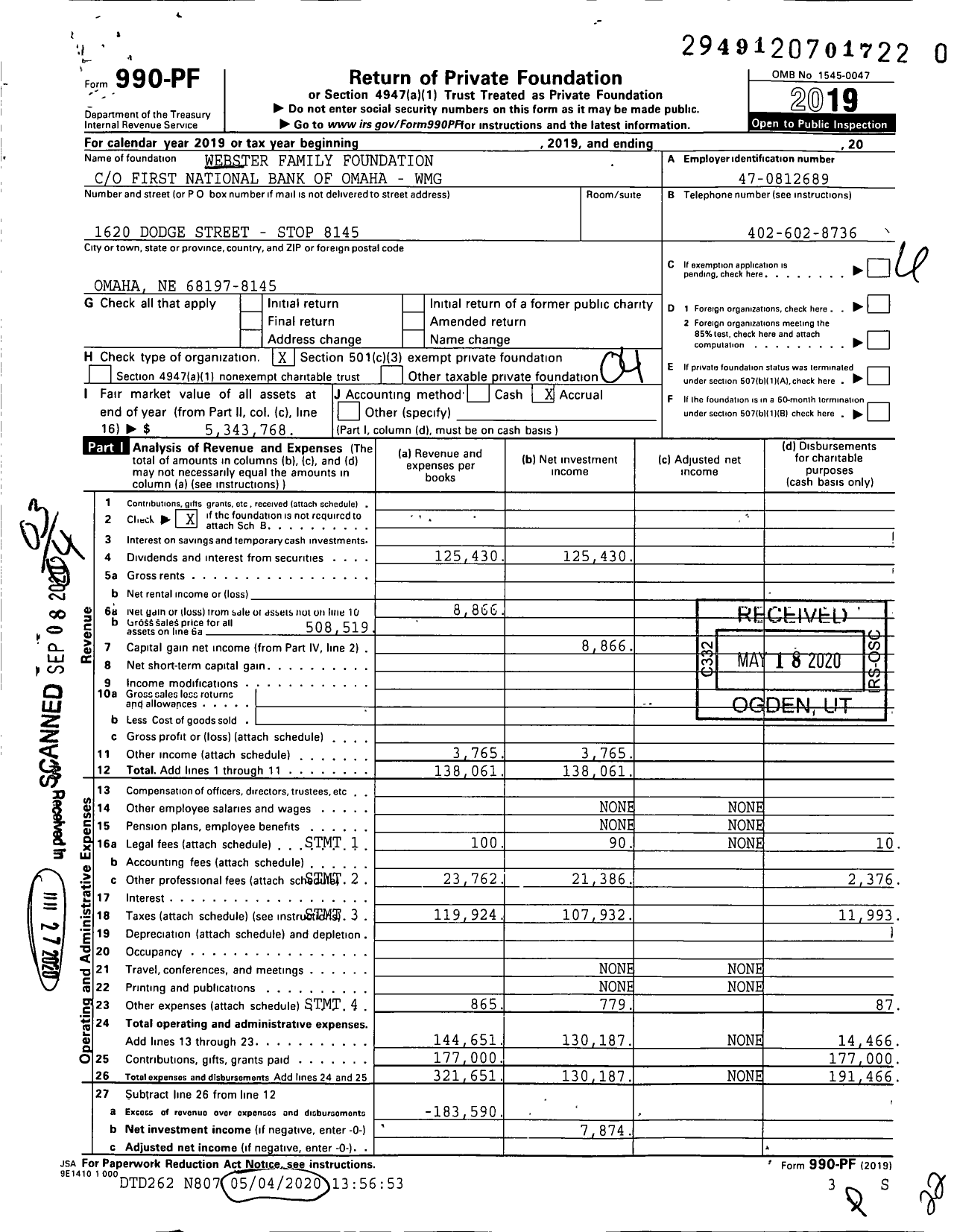 Image of first page of 2019 Form 990PR for Webster Family Foundation