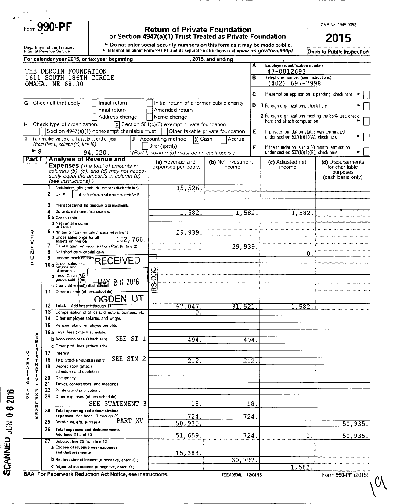 Image of first page of 2015 Form 990PF for The Deroin Foundation