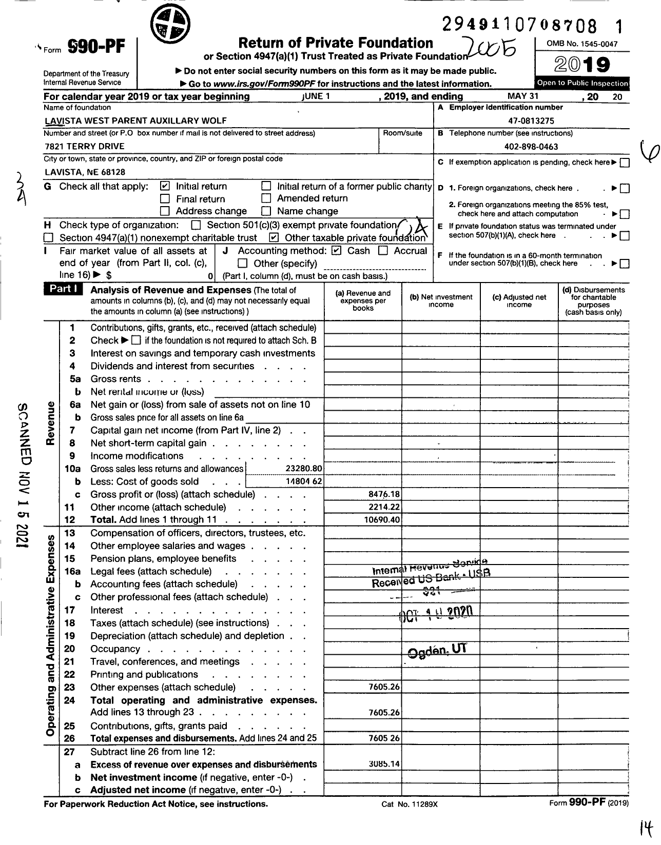 Image of first page of 2019 Form 990PF for Lavista West Parent Auxillary Wolf