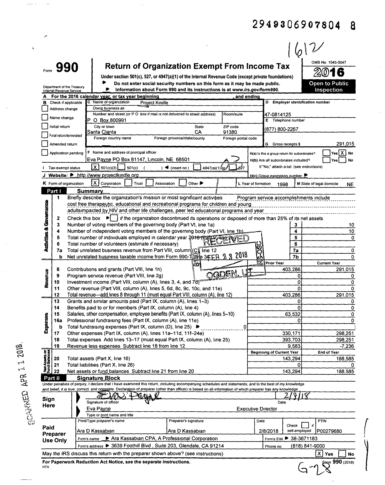 Image of first page of 2016 Form 990 for Project Kindle