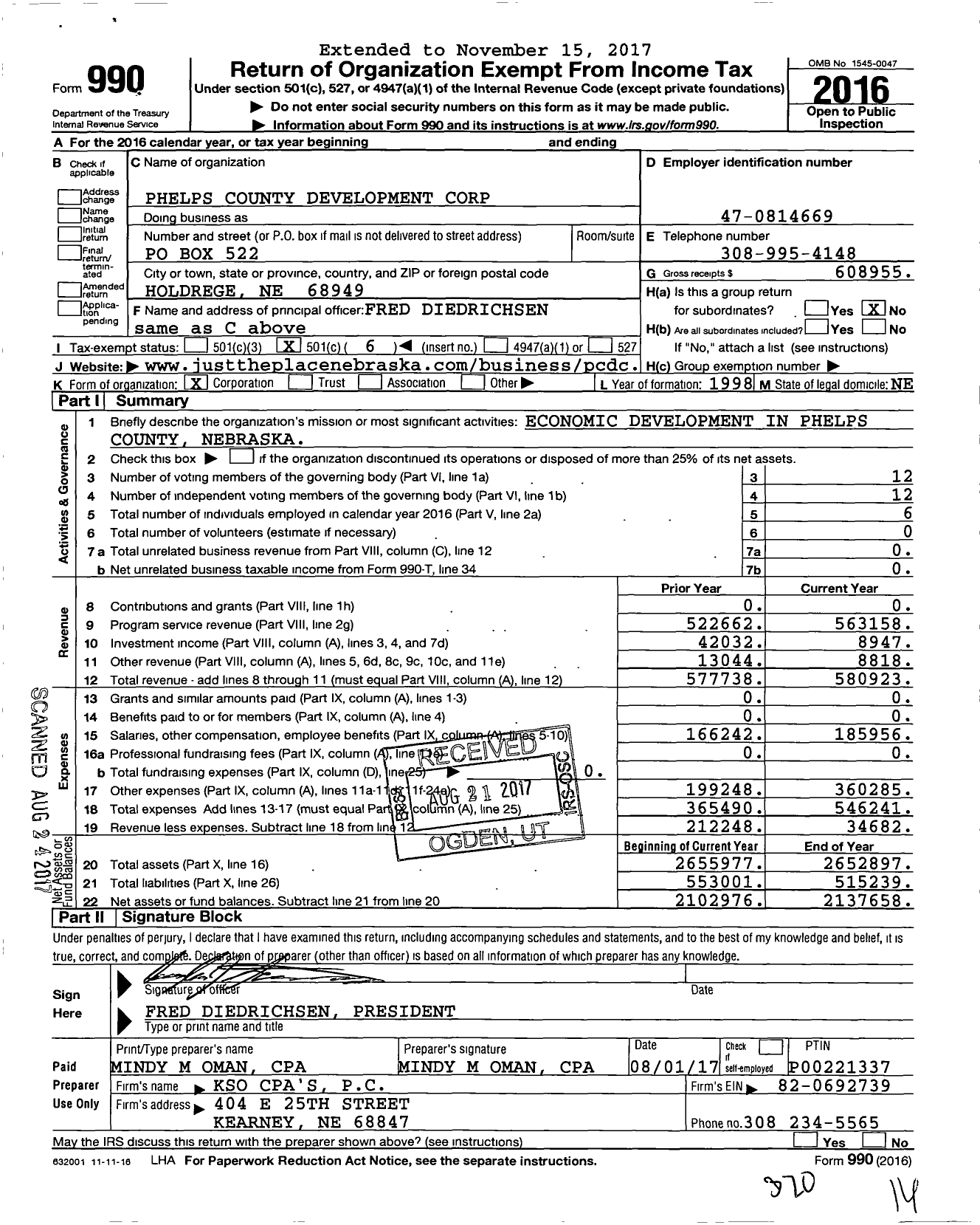 Image of first page of 2016 Form 990O for Phelps County Development Corporation