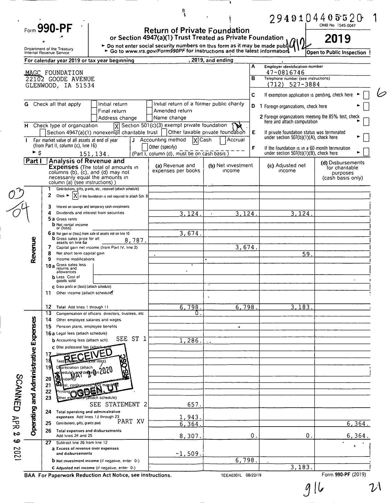 Image of first page of 2019 Form 990PF for MAGC Foundation