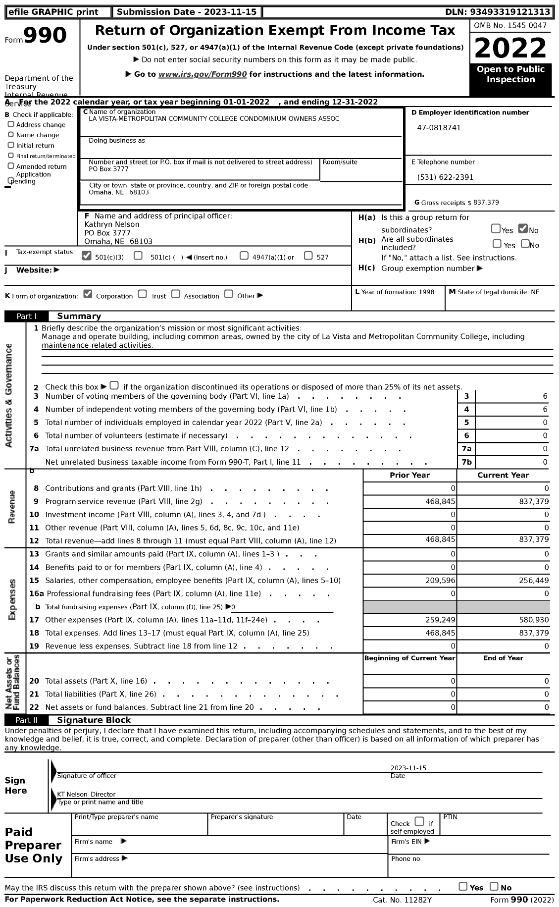 Image of first page of 2022 Form 990 for La Vista-Metropolitan Community College Condominium Owners Association