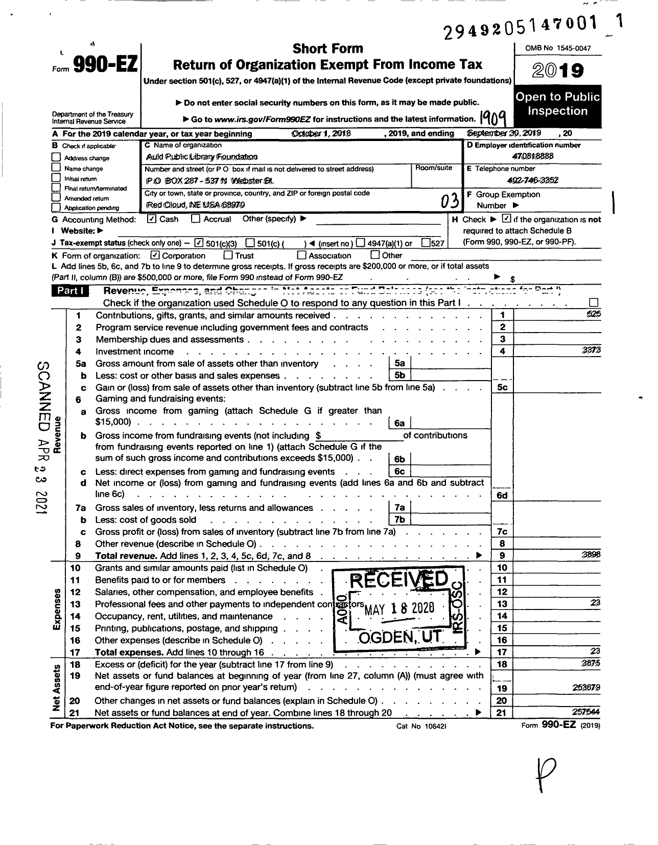 Image of first page of 2018 Form 990EZ for Auld Public Library Foundation