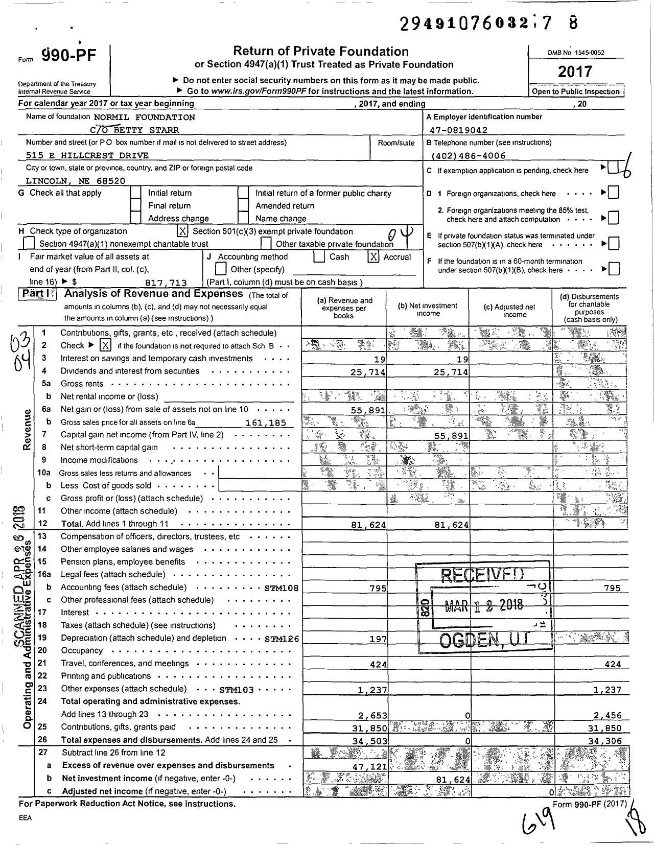 Image of first page of 2017 Form 990PF for Normil Foundation