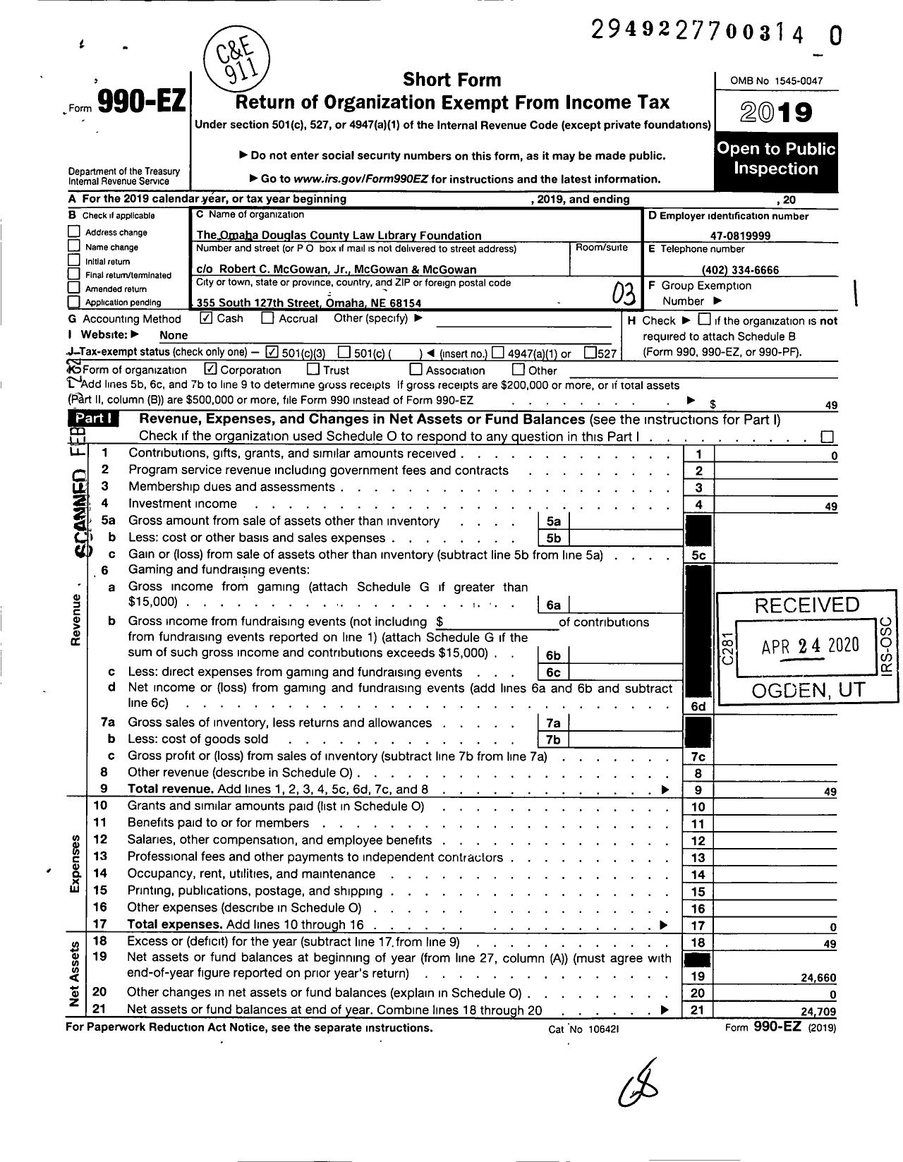 Image of first page of 2019 Form 990EZ for Omaha Douglas County Law Library Foundation