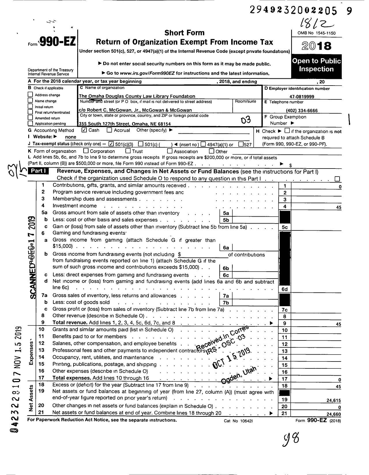 Image of first page of 2018 Form 990EZ for Omaha Douglas County Law Library Foundation