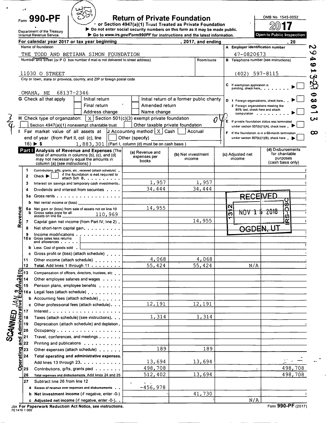 Image of first page of 2017 Form 990PF for The Todd and Betiana Simon Foundation